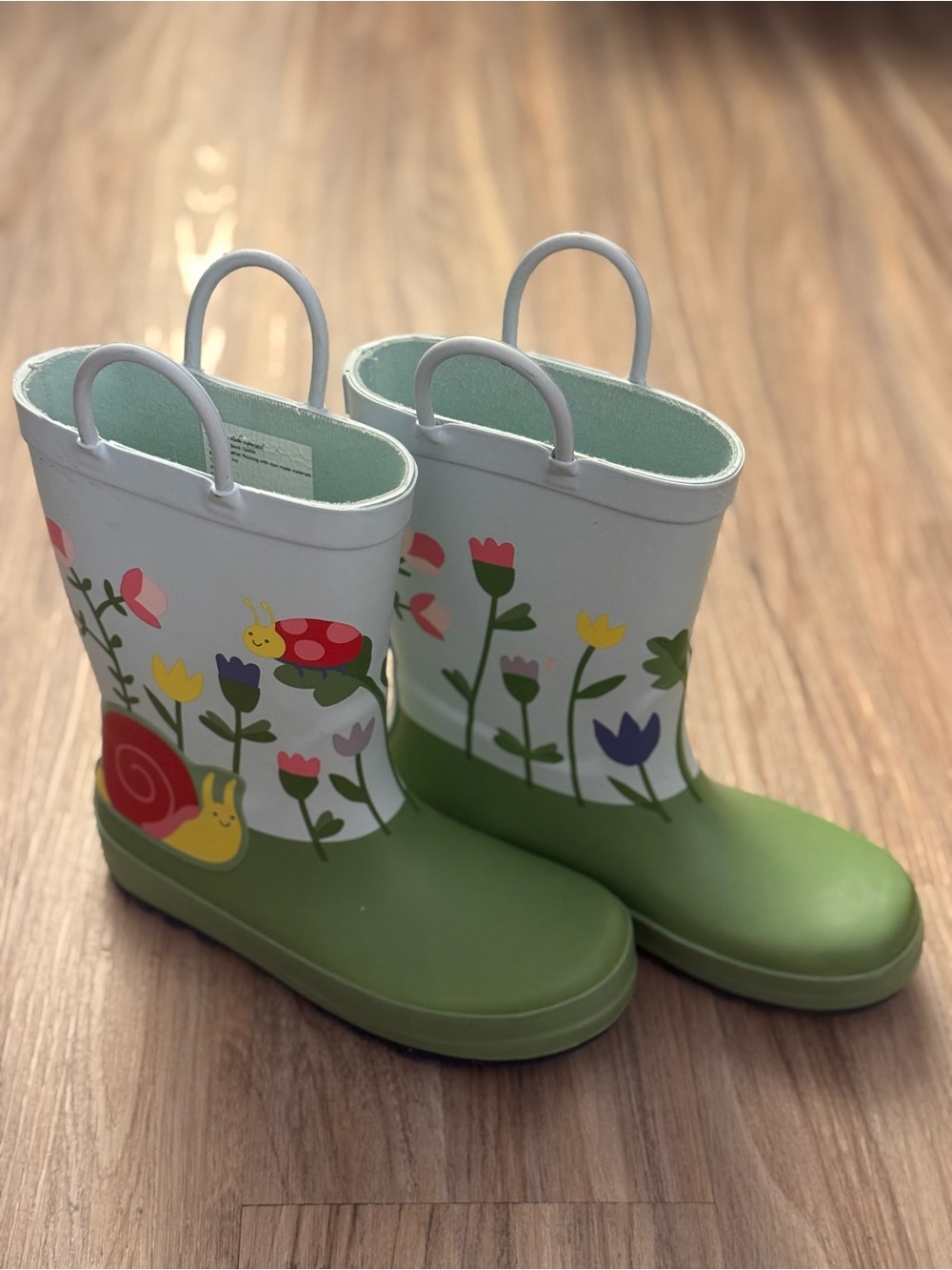 Target Green and White Floral Kids Rain Boots with Snail Motif